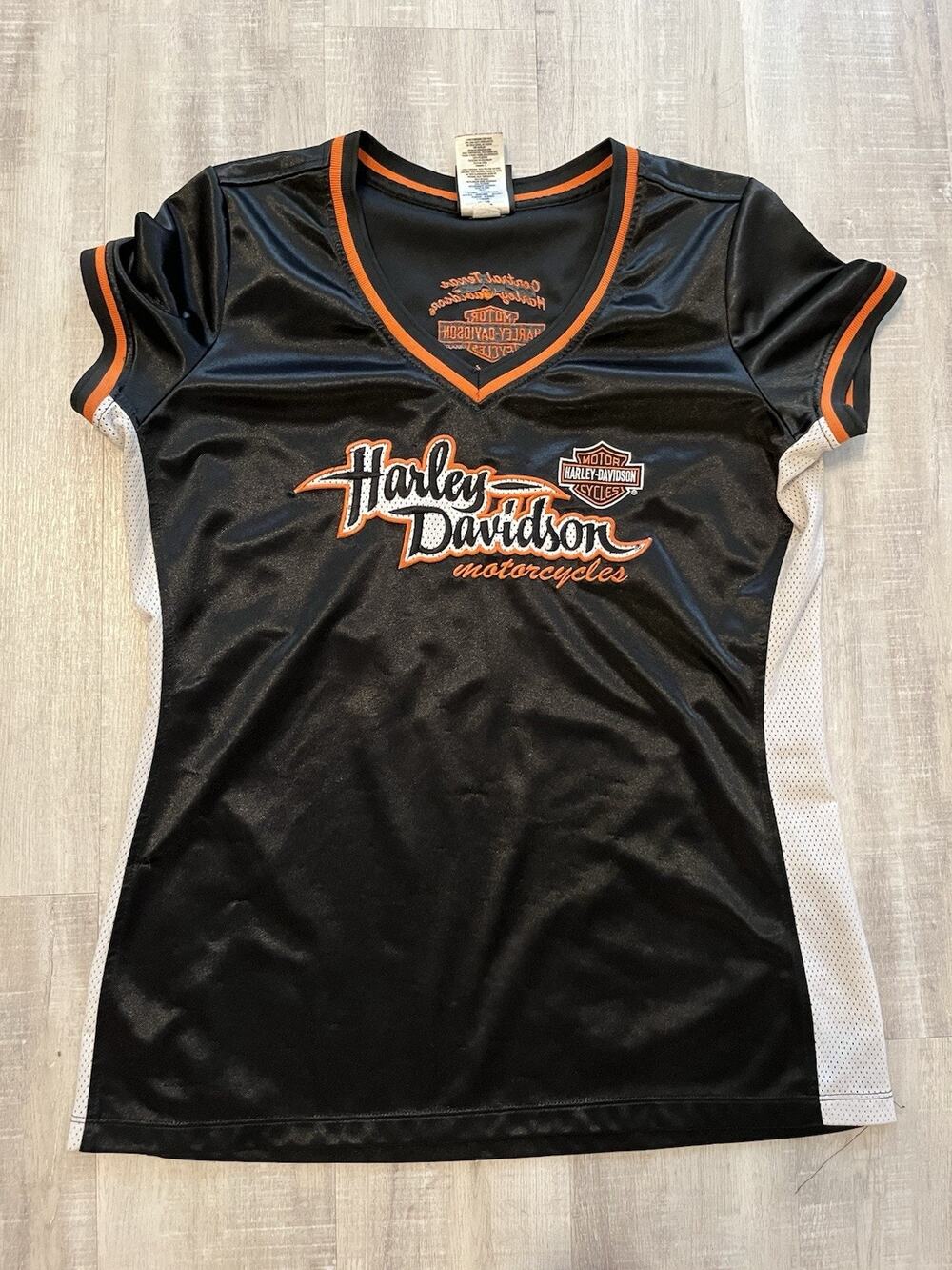 VTG 90s Y2K Harley Davidson Ringer V Neck Tee T-shirt Motorcycles Black SS L